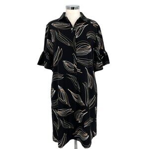 Chicos Leaf Print Shirt Dress Black Beige Size 8 US